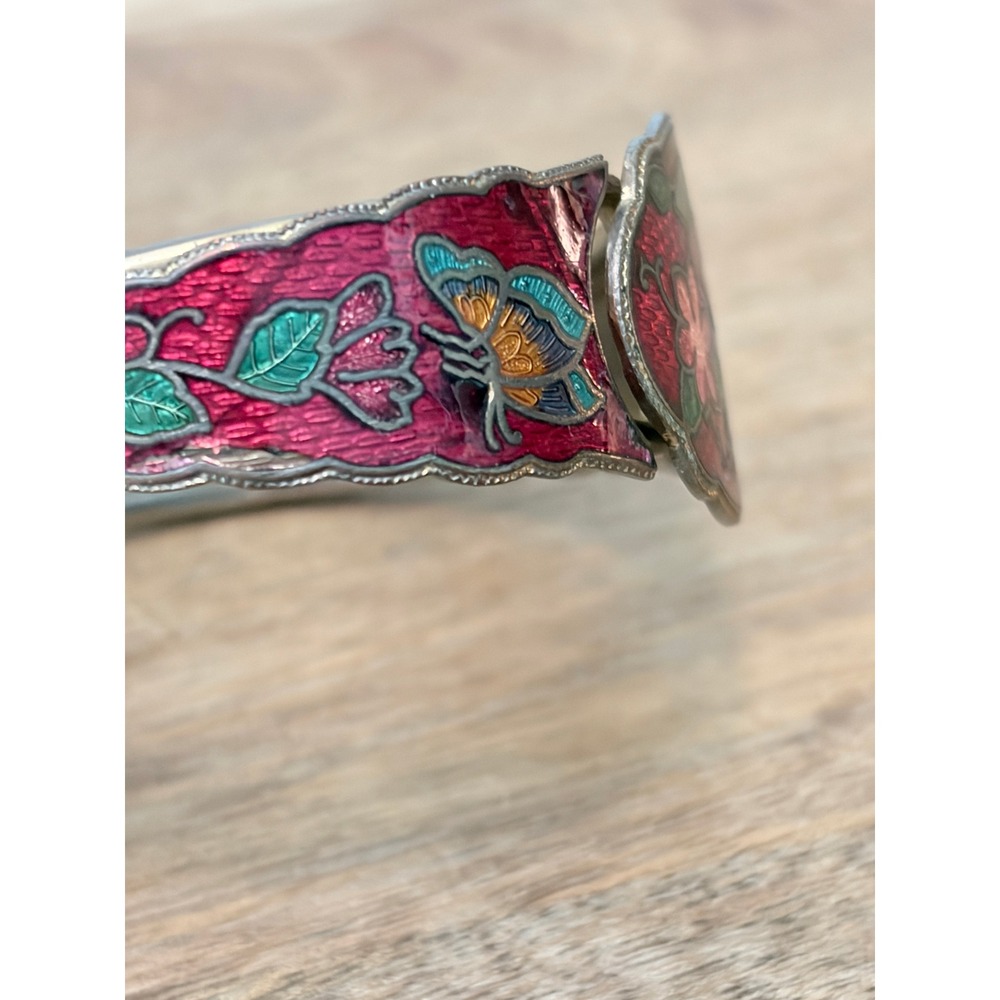 Vintage Red Cloisonne Enamel Butterfly Hinged Bangle Bracelet Floral Boho - Picture 4 of 11
